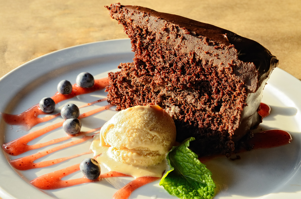 Chocolate cake with caramel ice cream